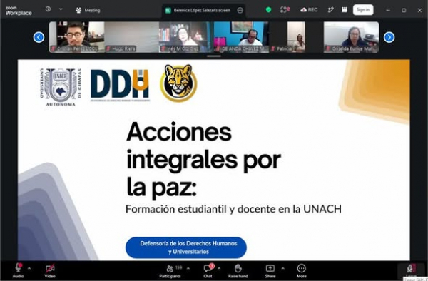 En el marco del Foro Intercambio de Buenas Pr&aacute;cticas Acad&eacute;micas: &ldquo;Salud mental y construcci&oacute;n de espacios universitarios libres de conflicto&rdquo;, la DDHU particip&oacute; con el tema Acciones integrales por la Paz: Formaci&oacute;n estudiantil y docente en la UNACH