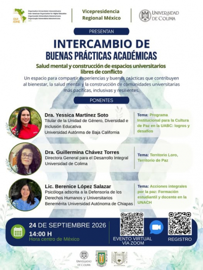 La Defensor&iacute;a de los Derechos Humanos y Universitarios te invita a participar en el Intercambio de Buenas Pr&aacute;cticas Acad&eacute;micas: Salud Mental y Construcci&oacute;n de Espacios Universitarios Libres de Conflicto